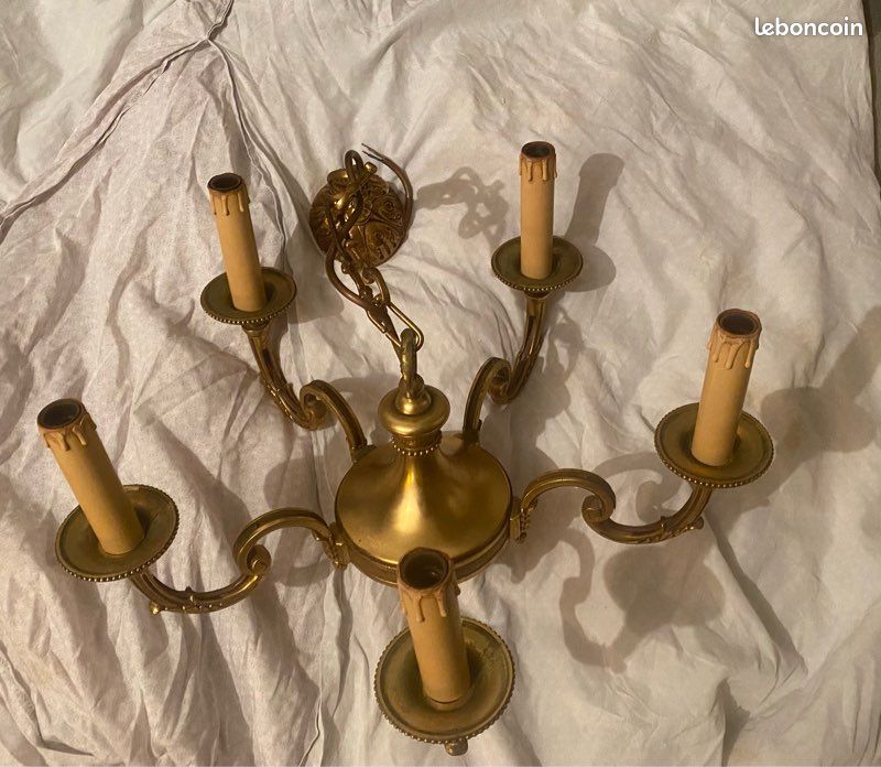 Lustre Plaafonnier 5 Branches En Bronze Laiton - Occasion, Hauteur 70cm, Style Vintage, Pour Salon/salle à Manger