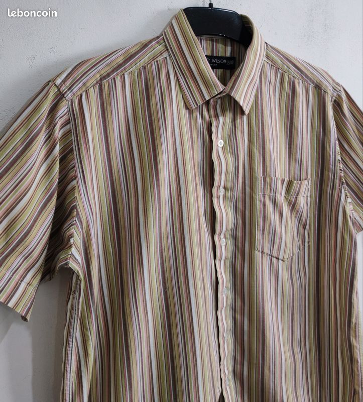 Chemise manches courtes Scott Wilson à rayures vert kaki marron beige taille L (image 2)