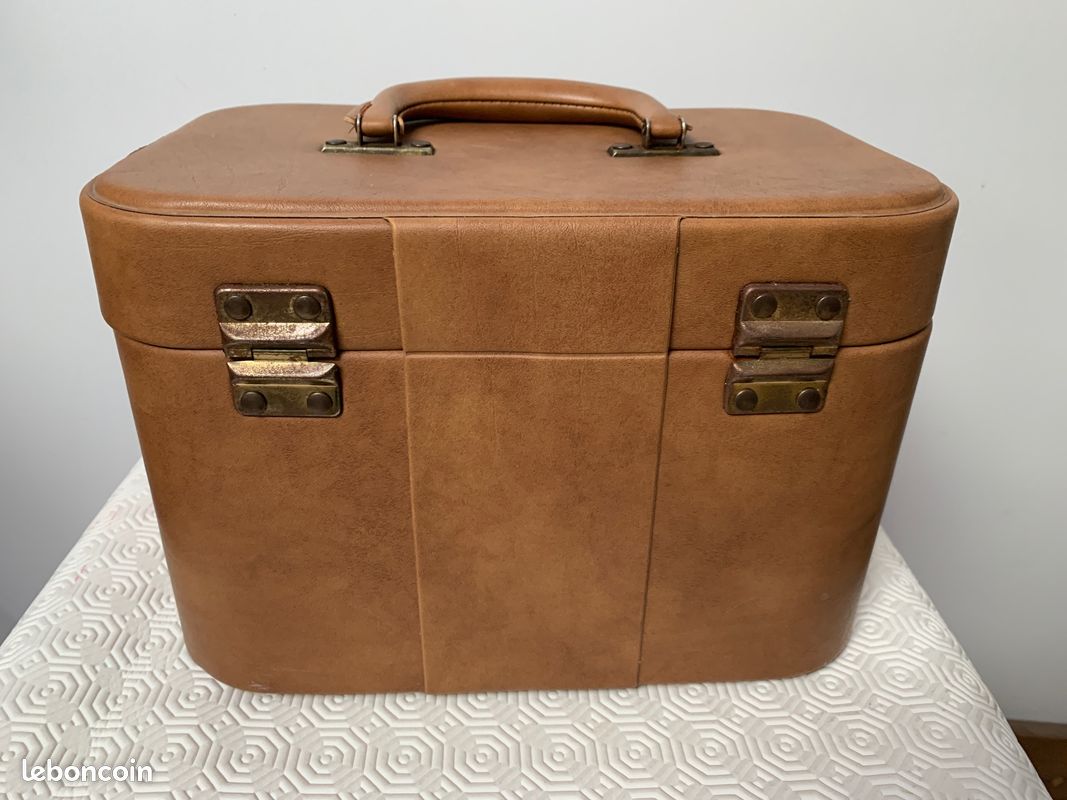 Vanity Case Vintage Années 60/70 – Beige Skai, Mallette De Rangement Avec Foulard