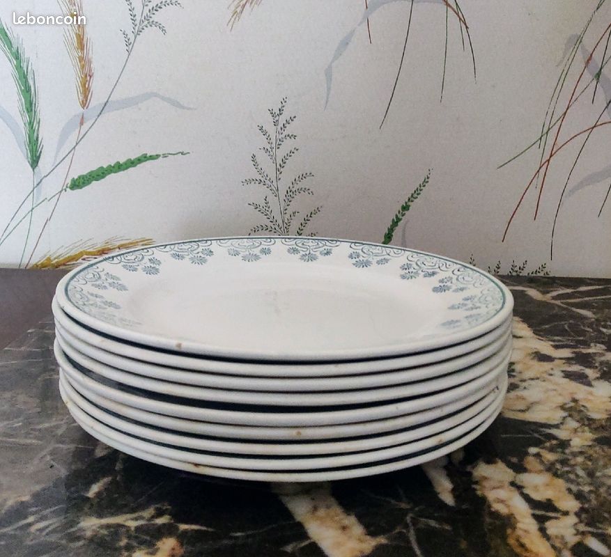 Lot assiettes retros, blanches avec frise bleu fleurs (image 2)