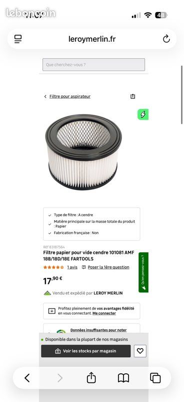 Filtre Pour Aspirateur à Cendres Oxeo 3426 - Diamètre Ext. 160mm Int. 110mm - Neuf Sous Emballage - EAN 3233757600231