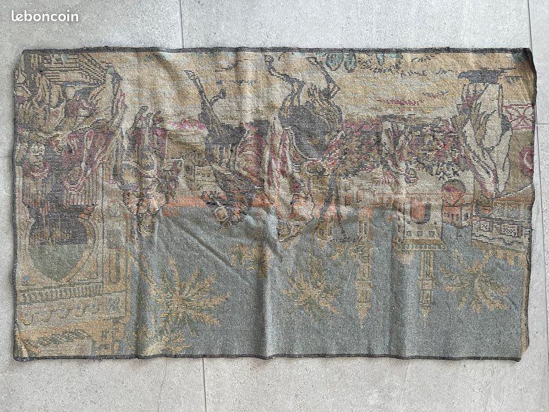 Grand Tapisserie Murale Française Ancienne 5x3 Pieds – Chevaux – Fait Main, Vert