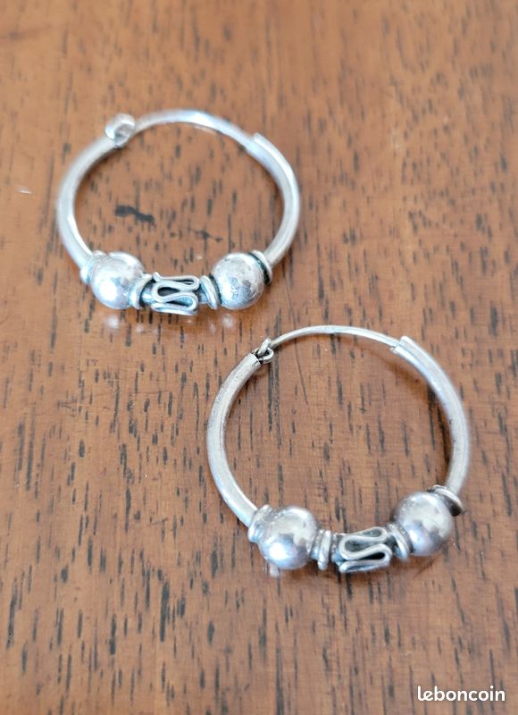 Boucles D'oreilles Créoles Bali Argent Massif 925 - 1,4 Cm, Neuf Avec étiquettes, Mixte