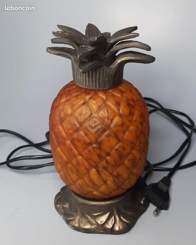 Ancienne et très belle lampe Ananas Pâte de verre ambre & métal patiné style Art Déco (image 7)