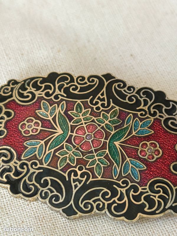Broche Rectangle Vintage émail Cloisonné Or - Bijou Femme - Parfait état