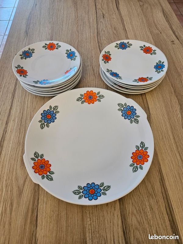 Service à dessert, 12 assiettes, 1 plat vintage rétro bleu orange années 70 Bavaria Marktleuthen Winterling seventies (image 1)