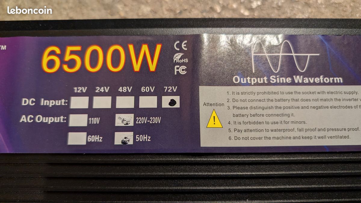 Onduleur, convertisseur électrique inverseur de courant de 72v DC à 220v AC 6500 watts en pic avec prise européenne 230V (image 1)