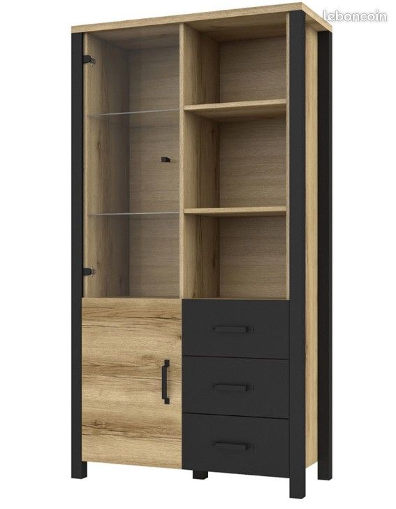 Vitrine large design - collection DARWIN - Couleur chêne clair et noir (image 2)