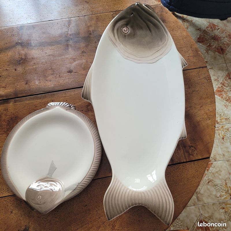 Lot De 12 Assiettes à Poisson Longwy - Céramique Ancienne, État D'Occasion