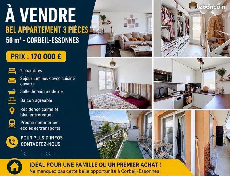 Appartement 3 pièces 56 m² · à Corbeil-Essonnes · 56 m² · 170 000 €