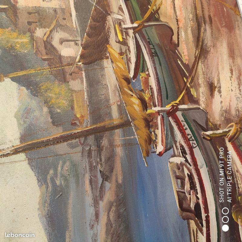 Grand Tableau peinture huile sur toile signée "port de pêche" (image 2)