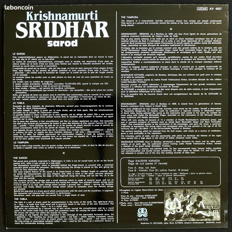 Krishnamurti SRIDHAR - Raga Kaushik Kanada • LP Auvidis FR-1974 • Disque Vinyle 33T (image 2)