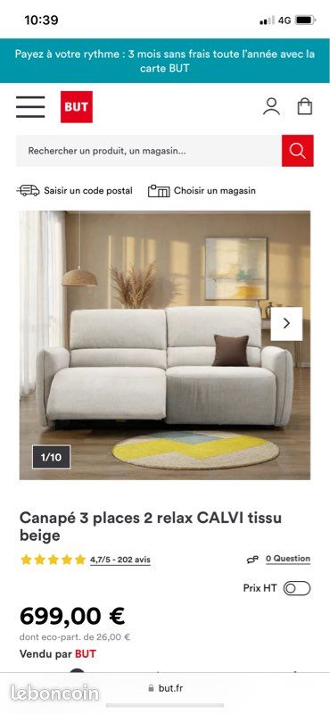 Canapé 3 places Calvi tissu beige (image 1)