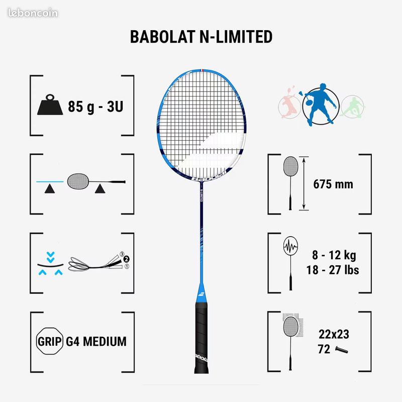 Raquette De Badminton Babolat N-Limite – Noir/Bleu – Neuf Avec Défauts