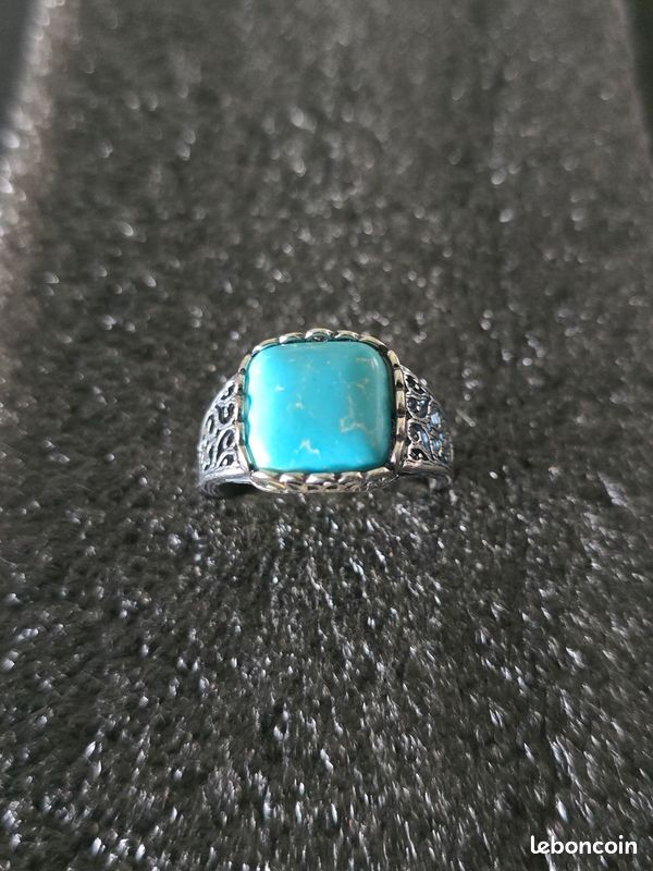 Bague Argent Et Turquoises – Anneau Poinçonné, Sans Marque