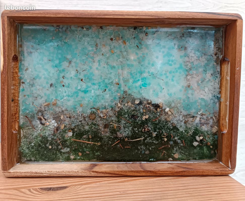 Plateau Décoratif Fait Main En Résine époxy – Bleu Océan 20x15cm