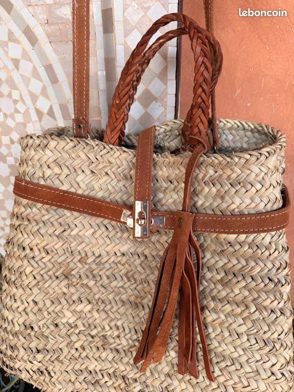 Sac panier marocain cuir & osier – fait main – style bohème chic – bandoulière (image 2)