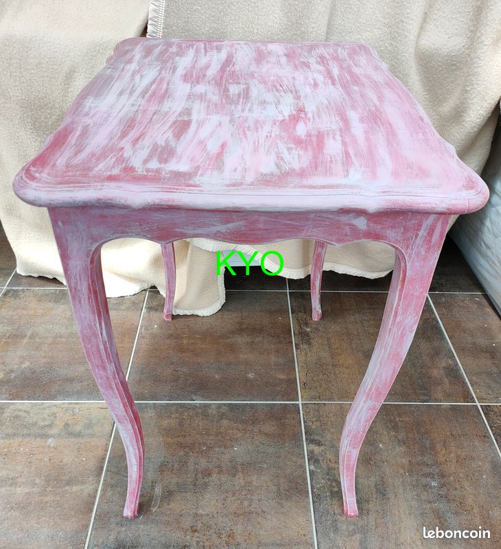 Table décorative rectangulaire bois rose, bureau tiroir central, Plateau chantourné et pieds galbés, vintage rustique ancien - Très bon état (image 6)