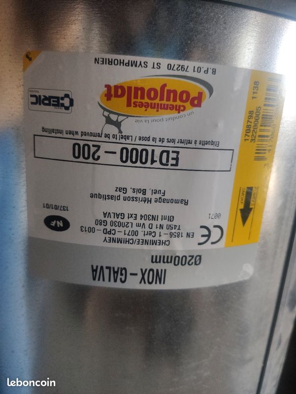 Conduit Poujoulat inox galvaniser 200mm neuf 1m (image 2)