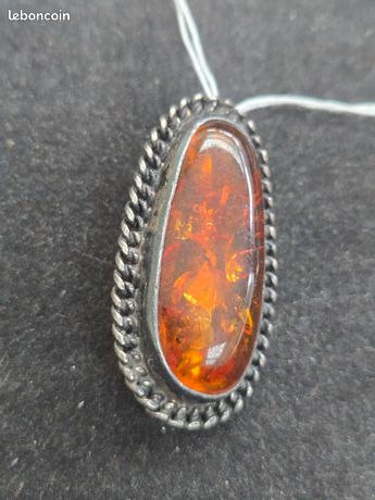 Broche Ancienne Art Déco/Nouveau - Argent Massif 925 - Cabochon Ambre - Créateur