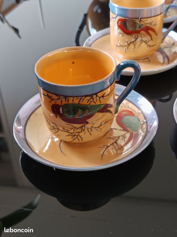 7 tasses et sucrier porcelaine japonaise Décor délicat d’oiseaux exotiques sur branches fleuries, (image 17)