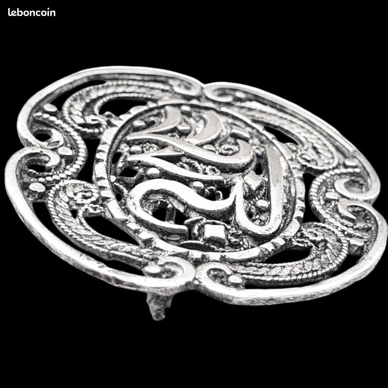 Broche ancienne, argent, filigrane, émail bleu, poinçonnée (D'occasion