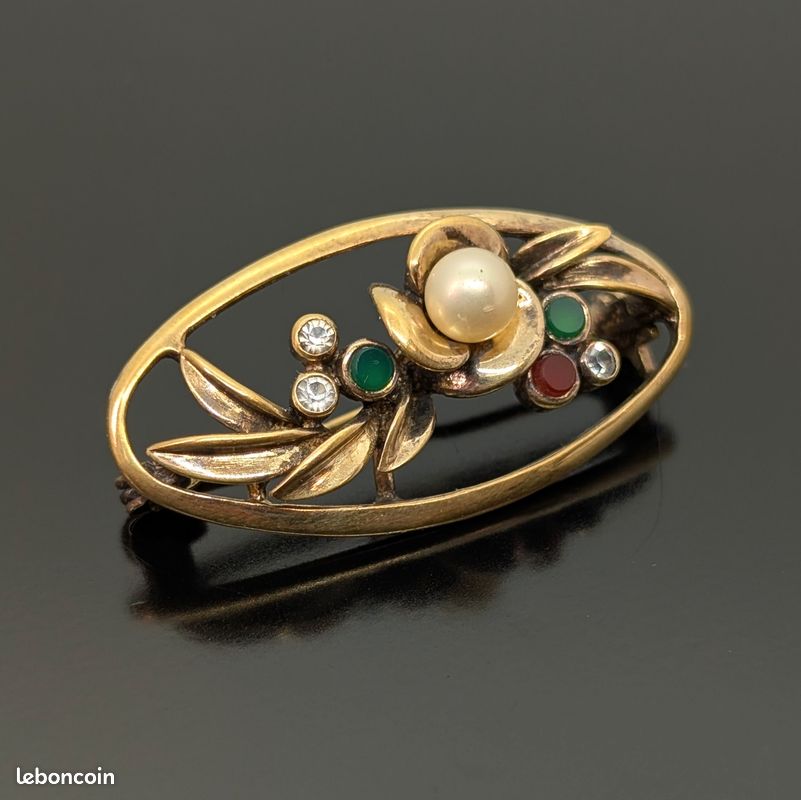 Broche Vintage Guirlande Plaqué Or - Perle Vert émeraude - Bijou Femme - 2615