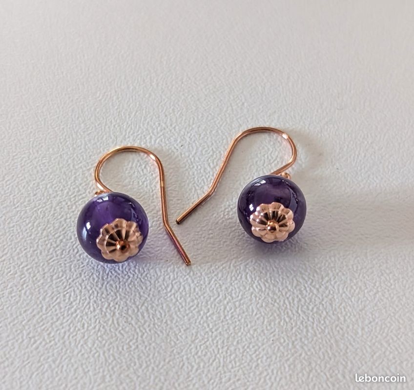 Boucles D'oreilles Pendantes En Améthyste Et Hématite - Acier Chirurgical - Neuf Avec étiquettes