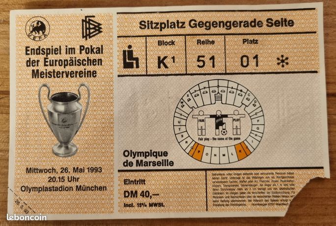 Billet OM finale de la Ligue des Champions 1993 AC Milan - Collection