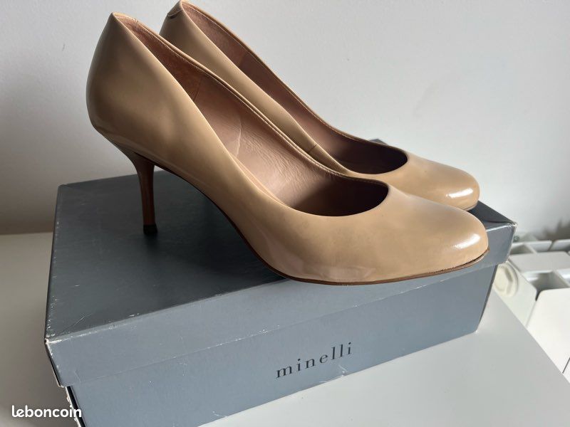 Escarpins Sandales Minelli - Cuir Verni Taupe, Taille 37 - Occasion Très Bon état (usure Patins)