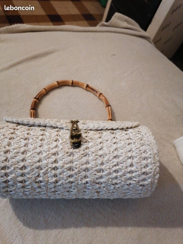 Petit Sac De Dame Vintage En Raphia Avec Anse Bambou - Style Rétro, Occasion