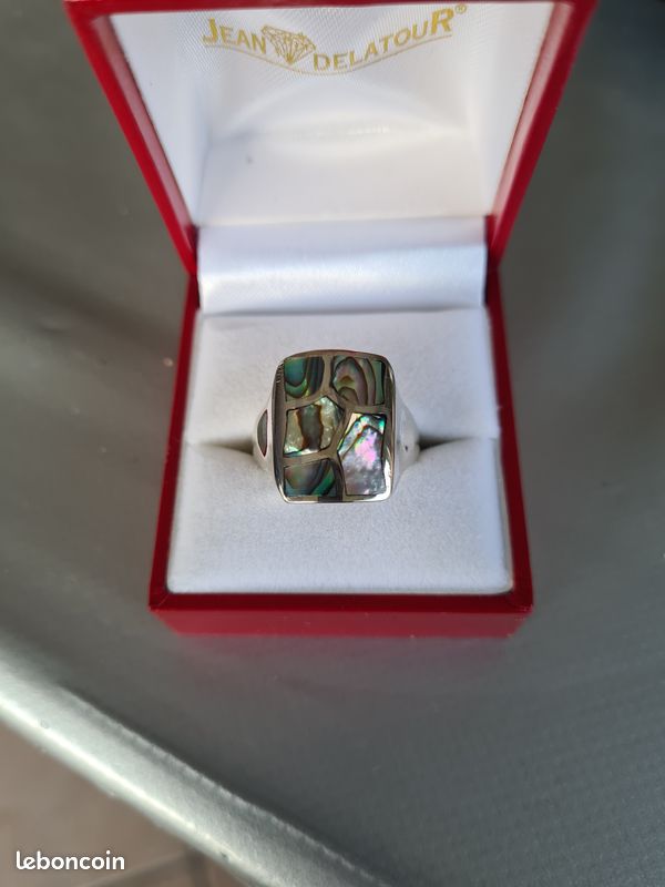 Bague Ancienne Argent Massif 925 – Jonc Alliance Cabochon Nacre, Taille 55