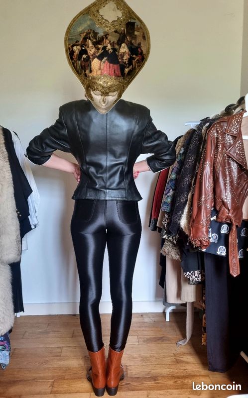 Veste en cuir vintage 80's 90's cintrée col contrastant maroquinier taille M (image 6)