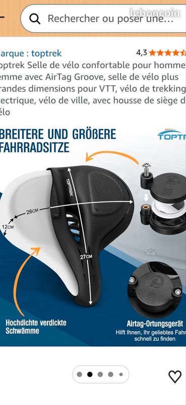 Selle De Vélo Universelle – Homme/Femme – Noire – Taille 28,5x33x5cm – Capacité 120kg