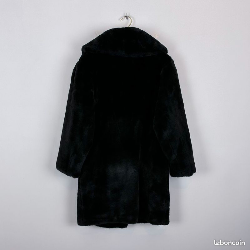 Manteau long en fausse fourrure noire, épaulettes & col châle oversized vintage (image 2)