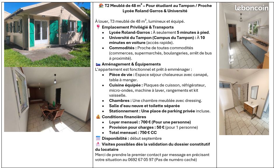 Appartement 2 pièces 48 m² · au Tampon · 48 m² · 750 €/mois