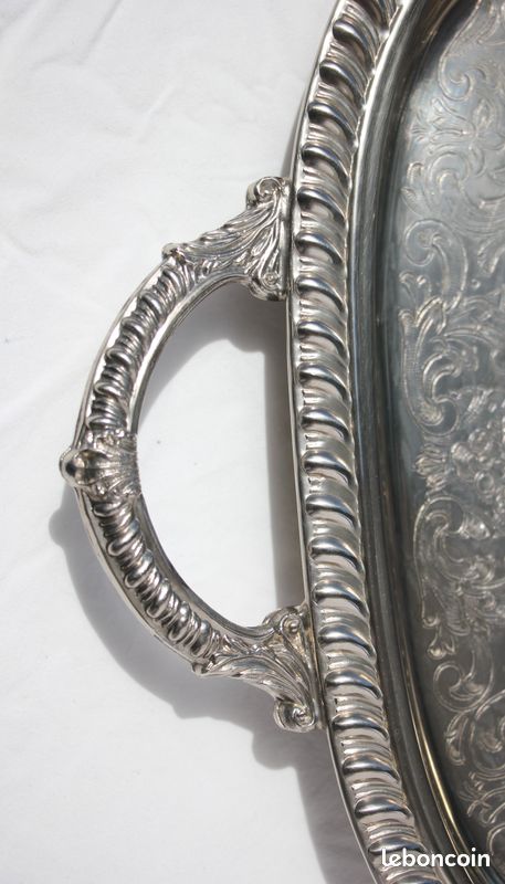 Grand Plateau De Service En Métal Argenté Roussel - Longueur 59.5 Cm