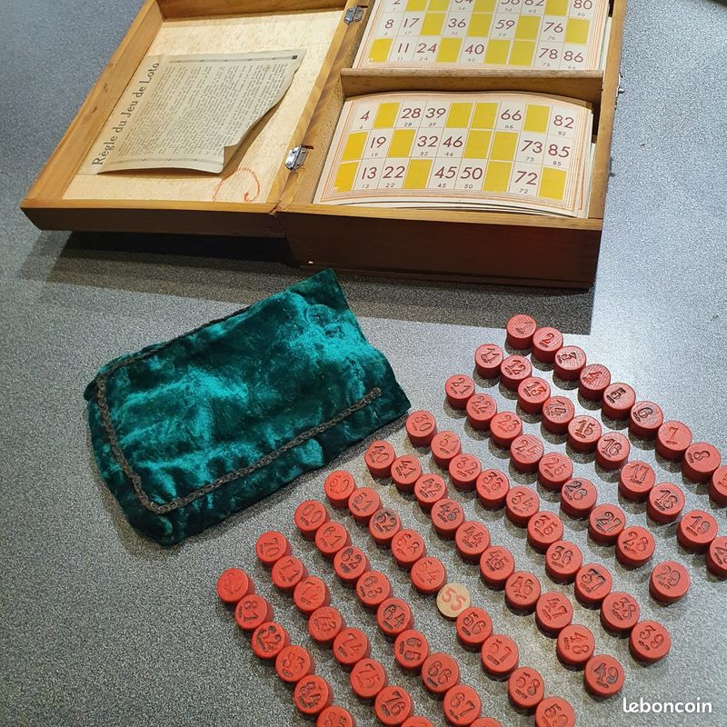 Ancien Jeu De Loto Complet – Coffret Avec 24 Cartes Et Pions En Bois – Vintage