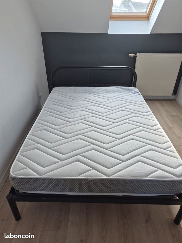 Lit + Sommier 2 places 140 × 200 cm – Métal noir + matelas (image 2)
