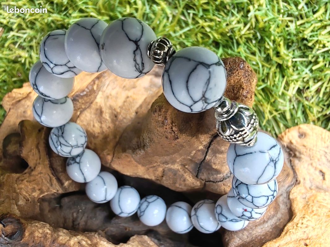 Bracelet pierres howlite blanche striée grise 10 mm (image 3)