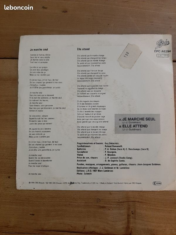 Vinyle 45tours, Jean-Jacques Goldman, Je Marche Seul et Elle Attend (image 2)