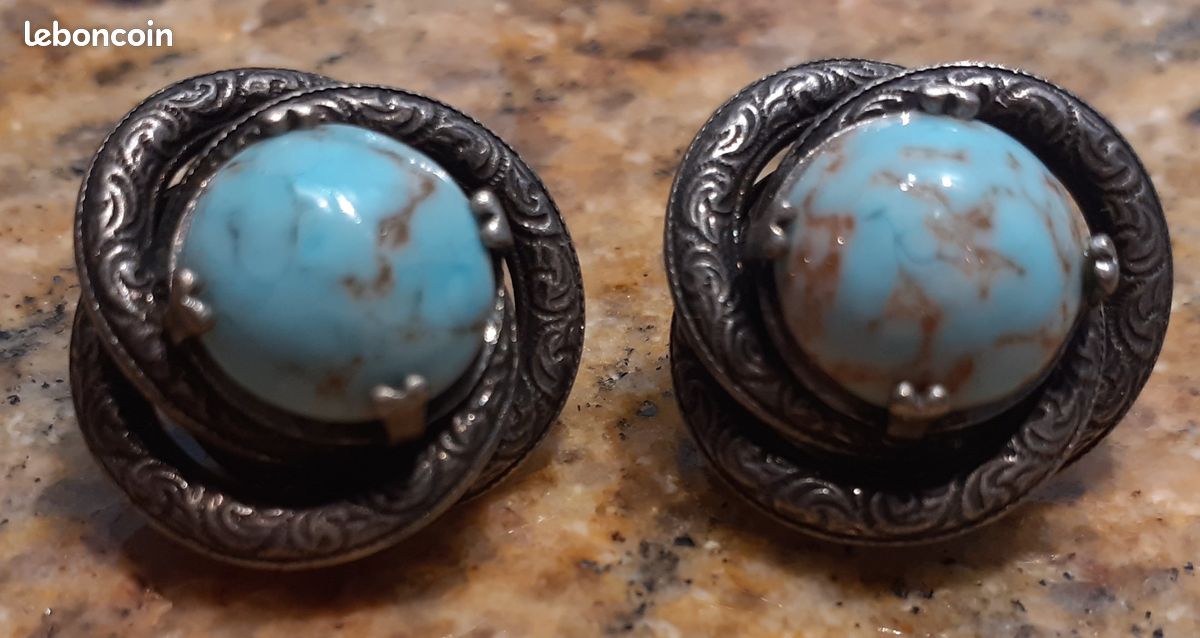 Boucles d'oreilles vintage imitation turquoise des années 1960, montures ornées de ton or, clip sur cabochons ovales - France