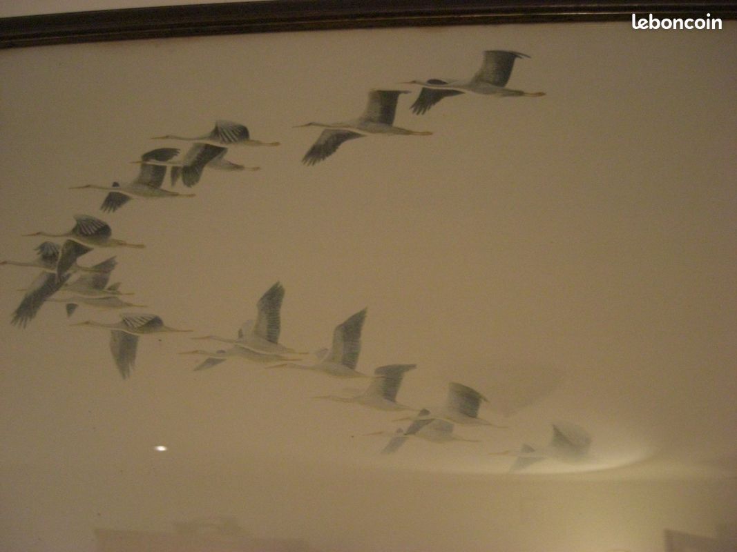 Grand tableau Ecole hollandaise XVIII, vol des grues cendrées, signé (image 2)