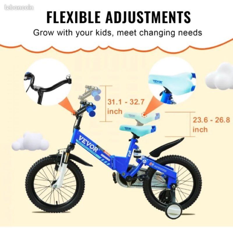 VEVOR Vélo Enfant BMX 90-115 Cm - Style Sportif Avec Roues Stabilisatrices Amovibles, Selle Et Guidon Réglables, Freins Avant/Arrière, Vélo Débutant 3-6 Ans Bleu
