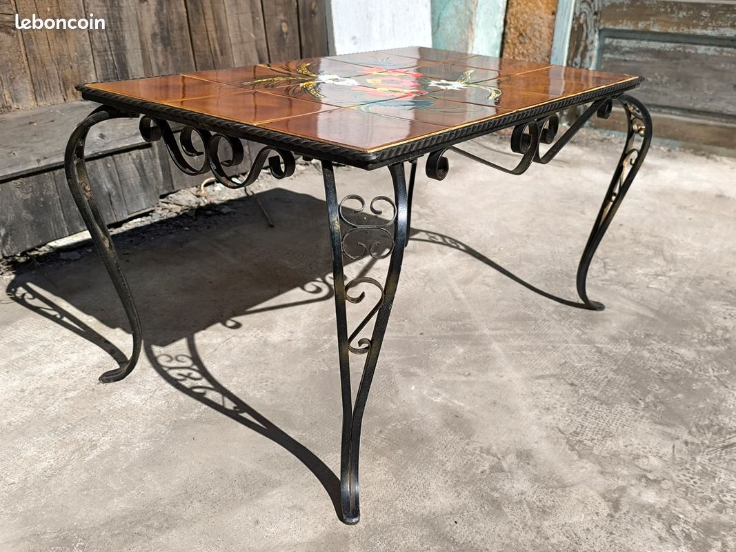 Table Basse Vintage Style Vallauris - Plateau Céramique Et Piétement Fer Forgé