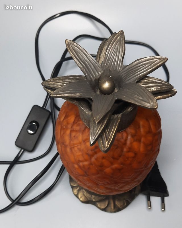 Ancienne et très belle lampe Ananas Pâte de verre ambre & métal patiné style Art Déco (image 8)