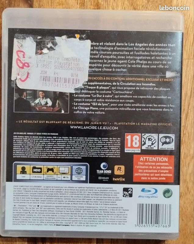 Jeu PlayStation 3 – L.A. Noire – Version Française – Très Bon État (Complet)