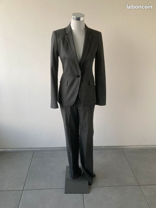 ZARA costume femme tailleur blazer pantalon gris foncé chiné