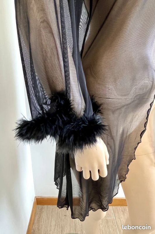 Kimono T40/42 peignoir voile noir transparent Orcanta poignets à plumes 607/ (image 4)