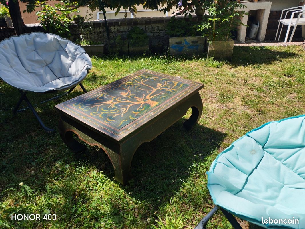 Table salon charme assuré lourde beau bois motif peint oiseau arbre 90x60x42 (image 9)